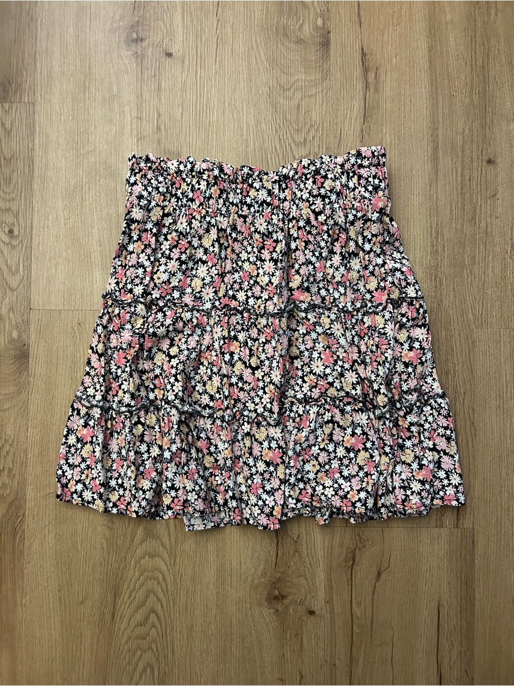 Women’s Black Tiered Skirt with Floral Print